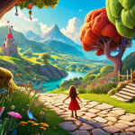 ** A vibrant and whimsical fantasy landscape with Sophie Ruby, a brave and kind heroine, facing a challenging puzzle. The art style should be colorful and appealing to a younger audience, reminiscent of a children's storybook illustration. Include magical elements and friendly sidekick characters.

**