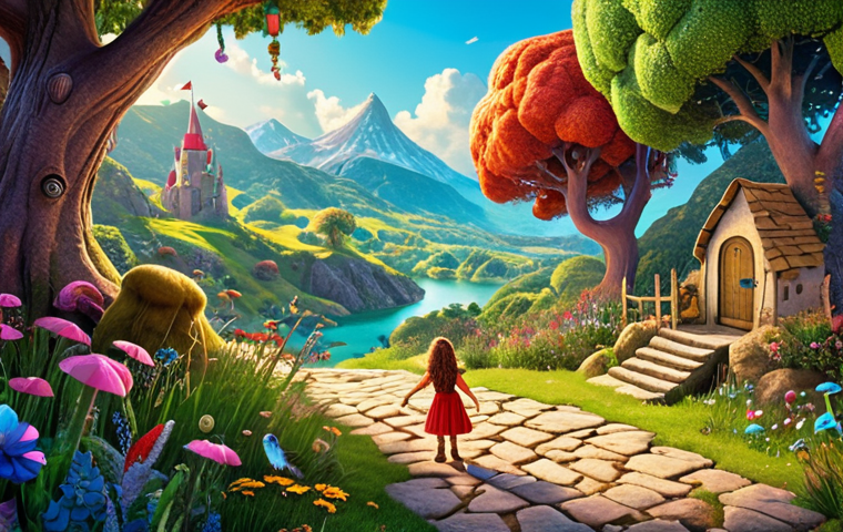 ** A vibrant and whimsical fantasy landscape with Sophie Ruby, a brave and kind heroine, facing a challenging puzzle. The art style should be colorful and appealing to a younger audience, reminiscent of a children's storybook illustration. Include magical elements and friendly sidekick characters.

**