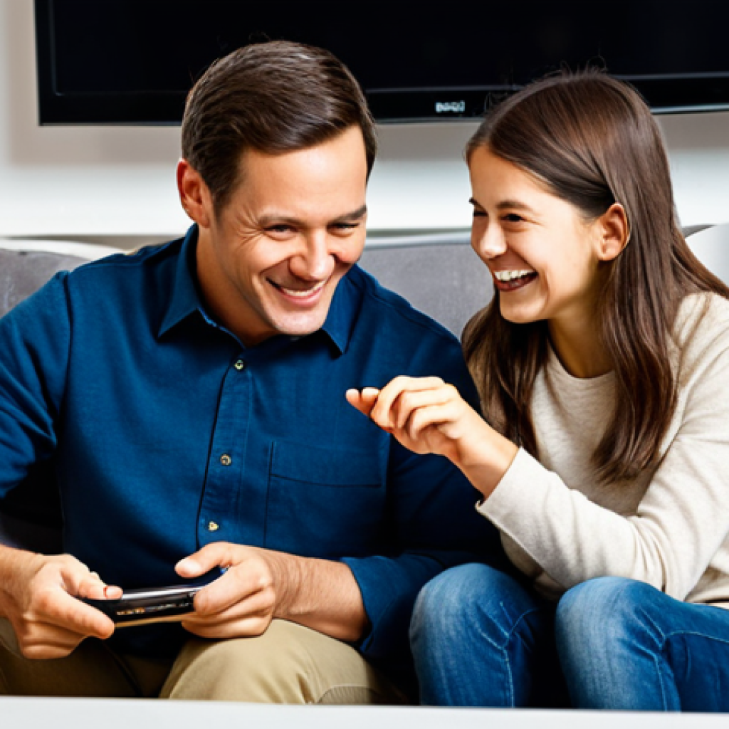 A joyful family, consisting of a mother, a father, and a young child, gathered on a comfortable sofa in a cozy, brightly lit living room. They are engaged in watching a 'Sophie Ruby' DVD on a television screen, creating a warm, family-friendly atmosphere. The child is holding the DVD case, looking focused and content. Fully clothed, appropriate attire, safe for work, modest, perfect anatomy, correct proportions, natural pose, well-formed hands, proper finger count, natural body proportions, professional studio photography, high quality.