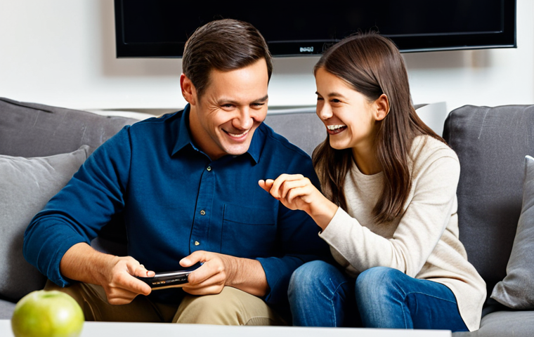 A joyful family, consisting of a mother, a father, and a young child, gathered on a comfortable sofa in a cozy, brightly lit living room. They are engaged in watching a 'Sophie Ruby' DVD on a television screen, creating a warm, family-friendly atmosphere. The child is holding the DVD case, looking focused and content. Fully clothed, appropriate attire, safe for work, modest, perfect anatomy, correct proportions, natural pose, well-formed hands, proper finger count, natural body proportions, professional studio photography, high quality.