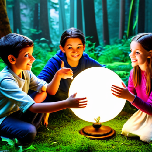 Home 27 A group of diverse young friends, led by Sophie Ruby, fully clothed in modest, vibrant adventure attire, collaborating in a lush, enchanted forest. They are gathered around a softly glowing magical orb, pointing and discussing, clearly demonstrating teamwork and mutual support. The forest is filled with fantastical plants and a warm, inviting glow. Perfect anatomy, correct proportions, natural poses, well-formed hands, proper finger count, natural body proportions. Professional children's animation style, high quality, safe for work, appropriate content, family-friendly.