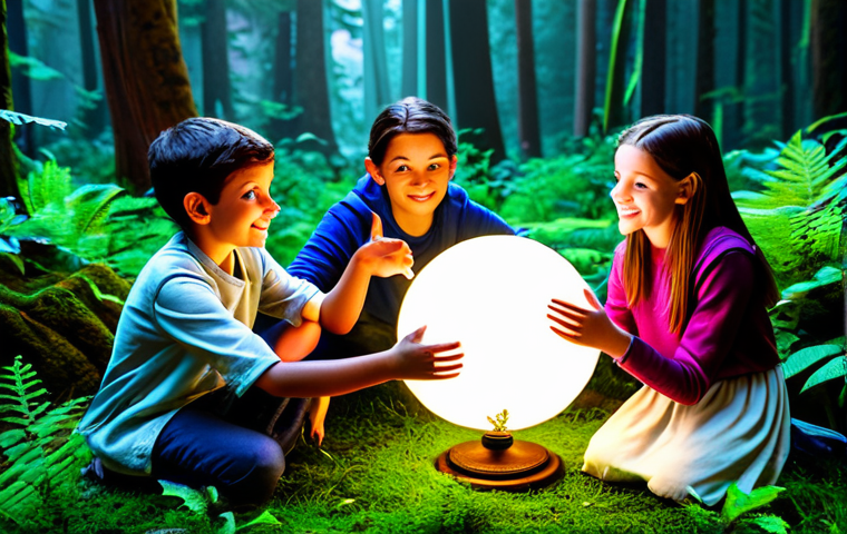 A group of diverse young friends, led by Sophie Ruby, fully clothed in modest, vibrant adventure attire, collaborating in a lush, enchanted forest. They are gathered around a softly glowing magical orb, pointing and discussing, clearly demonstrating teamwork and mutual support. The forest is filled with fantastical plants and a warm, inviting glow. Perfect anatomy, correct proportions, natural poses, well-formed hands, proper finger count, natural body proportions. Professional children's animation style, high quality, safe for work, appropriate content, family-friendly.