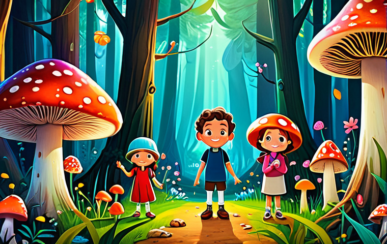 Friendship & Exploration**
"A group of diverse, fully clothed children, appropriate attire, exploring a vibrant, whimsical forest filled with oversized flowers and glowing mushrooms, safe for work, family-friendly, perfect anatomy, correct proportions, natural pose, well-formed hands, proper finger count, natural body proportions, illustration style, bright colors, happy expressions, professional quality, fantasy setting, modest clothing."
**