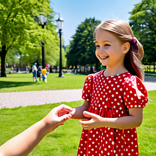 Home 12 Sophie Ruby's Positive Influence**
A young girl, approximately 6 years old, fully clothed in a bright and colorful, modest dress, is happily playing with a Sophie Ruby doll in a sunny park. Other children are visible in the background, also playing, all exhibiting friendly interactions. The scene should convey themes of friendship and kindness. Safe for work, appropriate content, fully clothed, family-friendly. Perfect anatomy, correct proportions, natural pose, well-formed hands, proper finger count, natural body proportions, professional illustration, high quality.
**