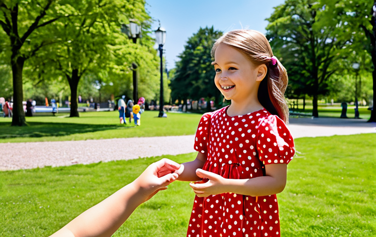 Sophie Ruby's Positive Influence**
A young girl, approximately 6 years old, fully clothed in a bright and colorful, modest dress, is happily playing with a Sophie Ruby doll in a sunny park. Other children are visible in the background, also playing, all exhibiting friendly interactions. The scene should convey themes of friendship and kindness. Safe for work, appropriate content, fully clothed, family-friendly. Perfect anatomy, correct proportions, natural pose, well-formed hands, proper finger count, natural body proportions, professional illustration, high quality.
**